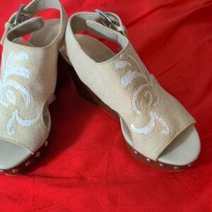 Donald J. Pliner Cream Wedge Sandals with Ankle Strap
